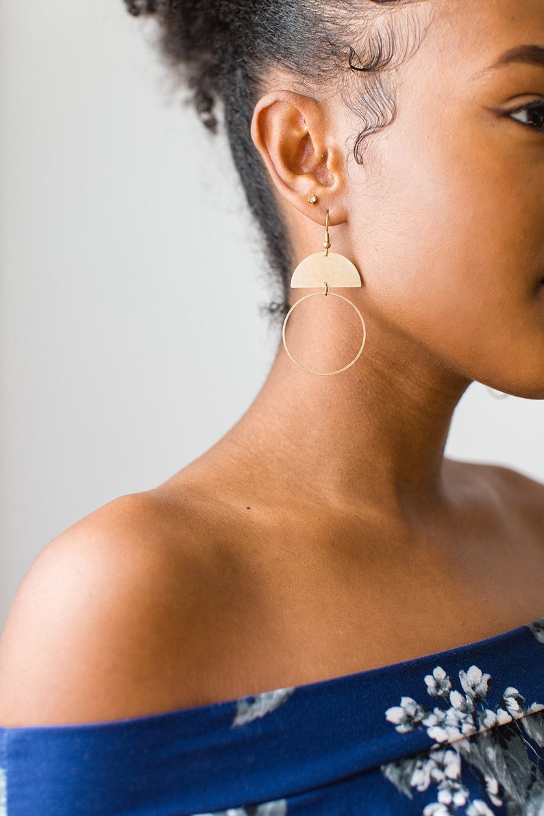 Brass Half Moon Earrings, Brass Circle Statement Earrings, Gold Jewelry, Modern Minimalist Earrings image 1