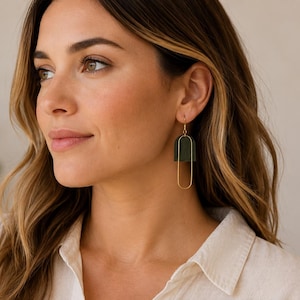 Dark Olive Green Leather Earrings, Brass Oval Geometric Earrings, Raw Brass Earrings, Statement Earrings