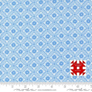May include: Light blue and white floral patterned fabric. The design features a repeating diamond pattern with floral motifs. The fabric has a ruler along the bottom edge. The text "Ace Hardware at Tastgate Mercantile" is in the lower right corner.
