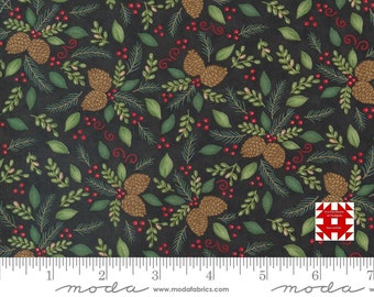 May include: Dark fabric with a repeating pattern of brown pinecones, green leaves, and red berries. The design includes sprigs of evergreen and decorative red swirls, creating a festive, seasonal theme. The fabric is suitable for quilting and crafting.