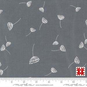 May include: A close-up of a gray fabric with a repeating pattern of white dandelion seed heads. The fabric has a textured appearance and a ruler is visible along the bottom edge. The fabric is from Moda Fabrics.