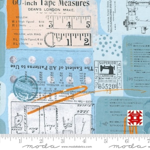 May include: Fabric with a collage design featuring tape measures, sewing machine illustrations, and pattern diagrams. The color palette includes light blue, orange, and white. The text includes "60-inch Tape Measures" and "The Easiest of All Patterns to Use".