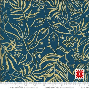 May include: Teal fabric with a gold leaf pattern. The design features stylized leaves, berries, and vines in a repeating pattern. The fabric has a ruler along the bottom edge, with the Moda Fabrics logo and website address.