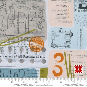 May include: Fabric with a vintage sewing pattern design. The fabric features diagrams, text, and illustrations of sewing tools and garment patterns. Colors include cream, blue, orange, and green. The text includes "The Easiest of All Patterns to Use".
