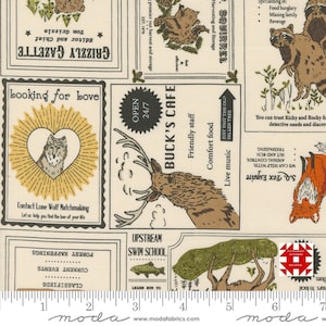May include: Off-white fabric with a repeating pattern of newspaper-style advertisements. The ads feature woodland creatures, including squirrels, raccoons, and a deer, along with text like "Buck's Cafe" and "Looking for Love."
