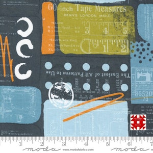 May include: Fabric with a sewing theme. The design features a 60-inch tape measure, text, and various shapes in shades of gray, blue, yellow, orange, and white. The fabric includes text that reads "The Easiest of All Patterns to Use."