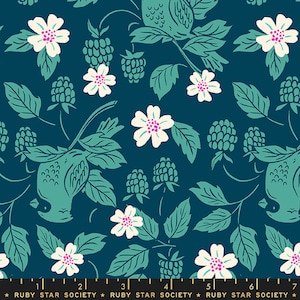 May include: A teal fabric with a repeating pattern of white flowers with pink centers, green leaves, and stylized birds. The design also includes green berries. The text "RUBY STAR SOCIETY" is at the bottom.