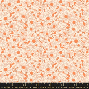 May include: Cream-colored fabric with an orange floral pattern featuring pumpkins, mushrooms, ghosts, and candy corn. The design includes various flowers and leaves, creating a whimsical, autumnal theme. The fabric is suitable for quilting and crafting projects.