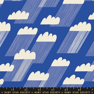 May include: Blue fabric with a repeating pattern of white clouds and rain. The clouds are a creamy off-white color, and the rain is depicted by thin, parallel white lines. The fabric has the text "RUBY STAR SOCIETY" at the bottom.