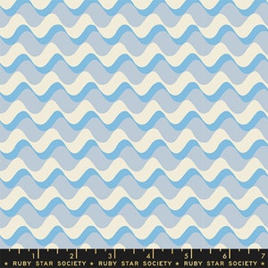 May include: Fabric with a repeating wave pattern in shades of blue and cream. The design features layered, undulating lines, creating a sense of movement. The bottom of the image has text that reads "RUBY STAR SOCIETY".