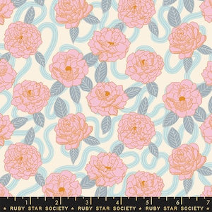 May include: A repeating pattern featuring pink peony flowers with orange centers and gray leaves on a cream background. Light blue wavy lines weave between the flowers. The text "RUBY STAR SOCIETY" is at the bottom.