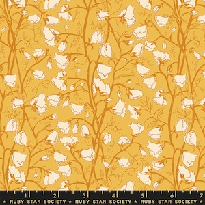 May include: Mustard yellow fabric with a repeating pattern of white floral blooms and brown stems. The fabric has a vintage aesthetic, with a hand-drawn style. The text "RUBY STAR SOCIETY" is printed at the bottom.