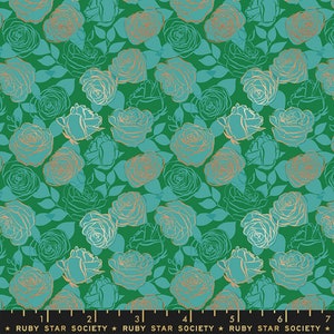 Ruby Star Society Curio by Melody Miller - Roses Print on Billiard with Metallics (Item # RS0063 14M) - yardage