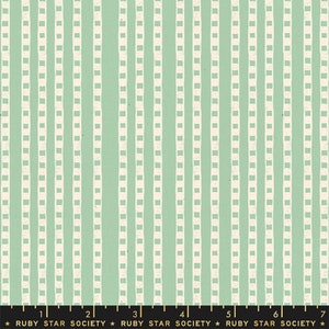 May include: A fabric with a repeating pattern of vertical, light green stripes with a textured appearance. The stripes are interspersed with a dotted pattern of small, off-white squares. The words "RUBY STAR SOCIETY" are printed at the bottom.