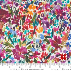 May include: Floral fabric with a watercolor-style design. The fabric features a white background with a vibrant mix of flowers in shades of pink, red, orange, purple, and blue. Green leaves and gold accents complete the design. The fabric is measured in inches.
