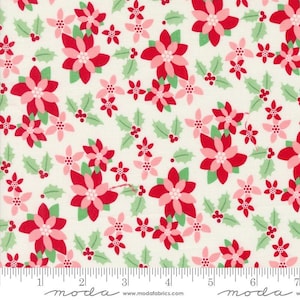 Moda Kitty Christmas by Urban Chiks - Poinsettia Floral Print on Snow (Item #31201 11) - yardage