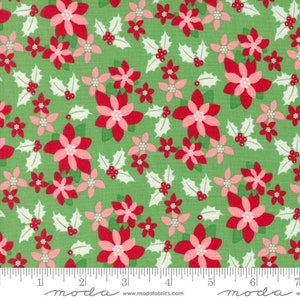 Moda Kitty Christmas by Urban Chiks - Poinsettia Floral Print on Holly (Item #31201 15) - yardage