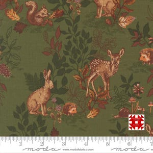 May include: Green fabric with a woodland pattern featuring squirrels, deer, rabbits, hedgehogs, and leaves in shades of brown and orange. The fabric has a repeating design of forest animals and foliage.