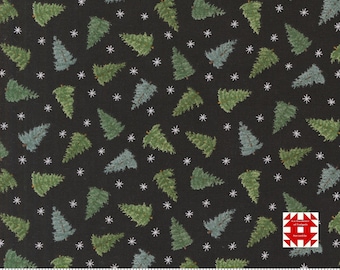 May include: Black fabric with a repeating pattern of green and blue Christmas trees and white snowflakes. The trees vary in shades of green and blue. A ruler is at the bottom of the image, with the Moda Fabrics logo.