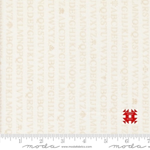 May include: Cream-colored fabric with a repeating pattern of vertical rows of letters and decorative floral elements. The letters are in a light brown color. A red and white logo is in the lower right corner. The fabric is measured in inches.