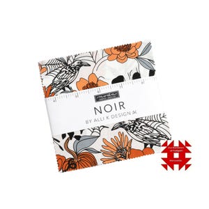 May include: A stack of fabric squares with a Halloween theme. The fabric features a white background with orange flowers, pumpkins, and black crows. The label reads "NOIR" by Alli K Design.