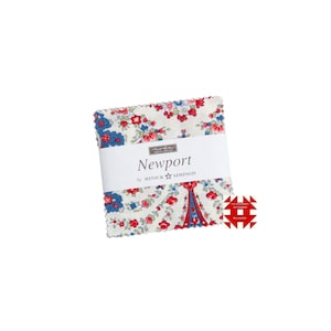 May include: A stack of fabric squares with a floral pattern in red, blue, and green on a cream background. The fabric is labeled "Newport" by Minick & Simpson. A small red and white graphic is in the lower right corner.
