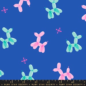 May include: A vibrant blue fabric featuring a repeating pattern of balloon dog shapes in pink and teal. Small pink starburst shapes are scattered throughout the design. The bottom of the image includes the text "RUBY STAR SOCIETY".