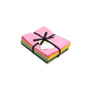 May include: A stack of colorful fabric squares, bound with a black ribbon and a tag. The top layer is pink with gold flecks. The tag reads "half good bunch". The fabric squares are in various colors, including pink, yellow, blue, and green.