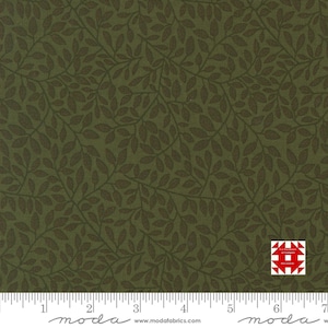 May include: Olive green fabric with a repeating pattern of brown leaves and vines. The fabric has a textured appearance and is suitable for quilting or other craft projects. The fabric is measured in inches.