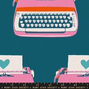 May include: Pink and orange vintage typewriters with white keys and teal hearts on paper. The background is a deep teal color. The text "RUBY STAR SOCIETY" is printed at the bottom.
