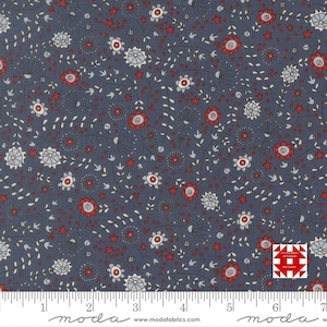 May include: Dark blue fabric with a repeating floral pattern. The design features red, white, and gray flowers, stars, and small dots. Delicate white vines and leaves are interspersed throughout the pattern. The fabric is suitable for quilting and crafting projects.