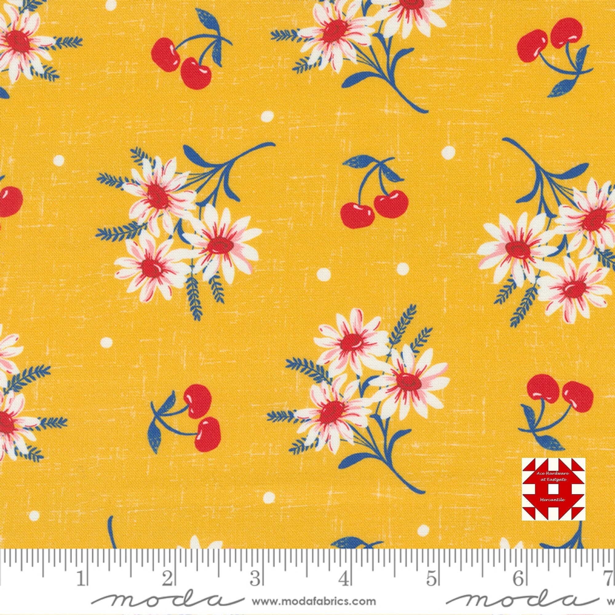 Moda Julia by Crystal Manning - Cherry Daisy Floral Print on Lemon