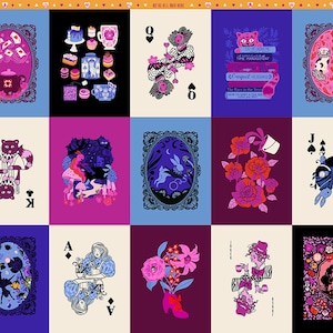 May include: A fabric panel featuring playing card designs with whimsical illustrations. The artwork includes images of teacups, cats, rabbits, and floral arrangements in a vibrant color palette of pink, purple, and blue. The text "Ruby Star Society" is visible.