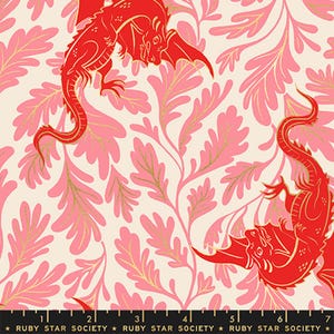 May include: A fabric print featuring bright red dragons with gold accents set against a cream background with pink leafy foliage. A black ruler at the bottom displays the text RUBY STAR SOCIETY with markings from 1 to 7 inches.