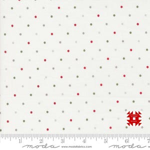 May include: White fabric with a repeating pattern of red, green, and gray polka dots. The dots are evenly spaced across the surface. A ruler is printed along the bottom edge.