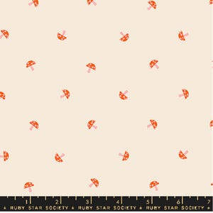 May include: Cream-colored fabric with a repeating pattern of small orange mushrooms with pink stems. The mushrooms have white polka dots on their caps. The text "RUBY STAR SOCIETY" is printed at the bottom.