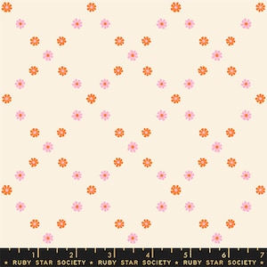 May include: Cream-colored fabric with a repeating pattern of orange and pink flowers arranged in diagonal rows. The flowers have a retro design, with a central circle and multiple petals. The text "RUBY STAR SOCIETY" is at the bottom.