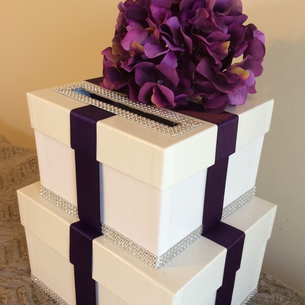 White and Plum Wedding Card Box, Wedding Envelope Box, Wedding Card Holder - Silver Bling and Satin Ribbon, Plum Wedding