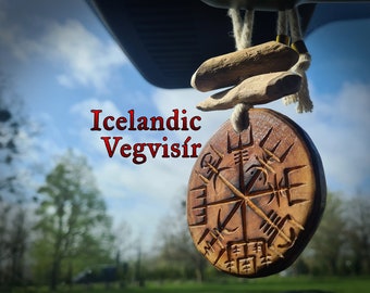 Nordic 'Vegvisir' Car Mirror Charm. Icelandic Galdrastafir Talisman Made from Solid Ash Wood, handcrafted in the UK.