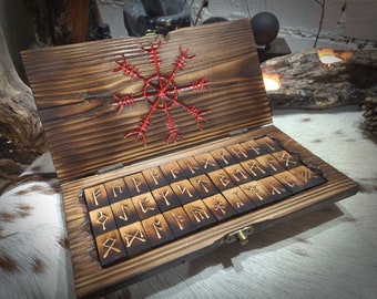 Anglo Saxon Futhorc Rune Set. Hand Crafted from Reclaimed Oak in Bespoke Solid Hand Carved Aged Pine Wood Box Adorned with the Helm of Awe
