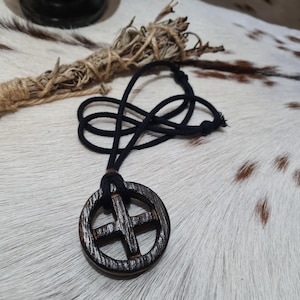 Sun Cross Pendant Hewn of Solid Oak on Hefty Adjustable Waxed Cotton Cord. Odin&#39;s Cross | Pagan | Celtic Necklace.