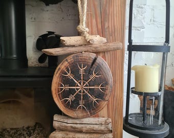 Hand Carved Ash Wood 'Helm of Awe' Wall Hanging: Nordic Talisman