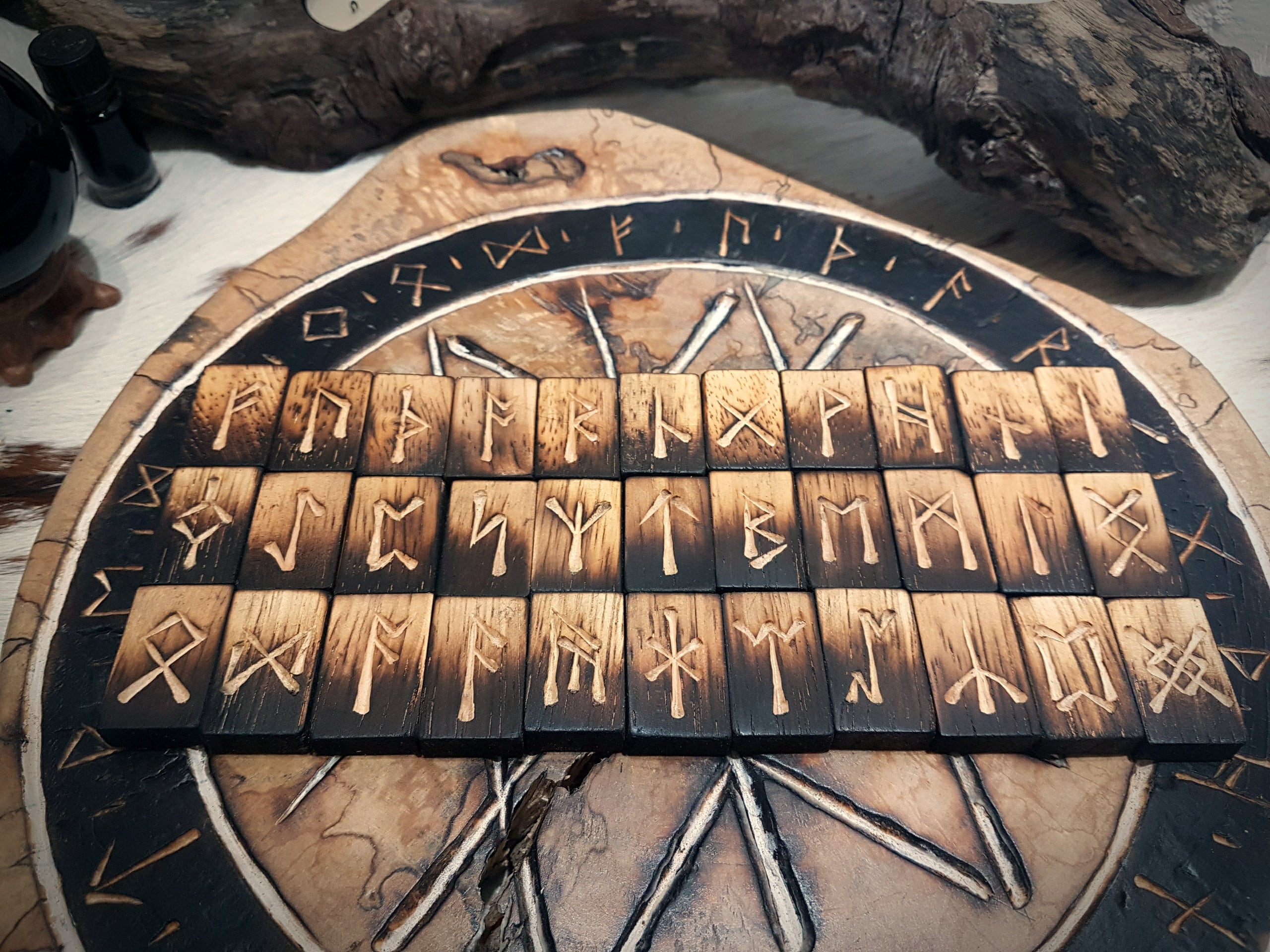 Oak Rune Set of 33 Anglo Saxon / Northumbrian Futhorc. Complete set Handmade and Carved from Ombre Charred English White Oak.