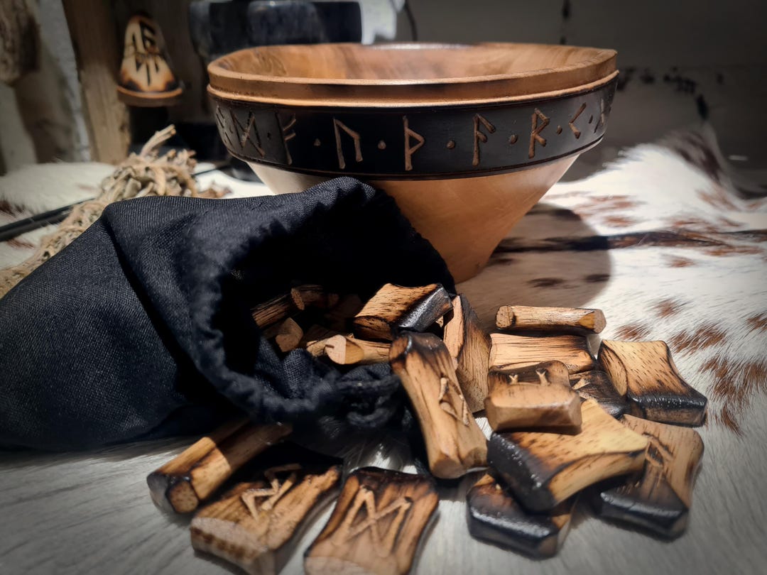 Birch Wood Elder Futhark Rune Set & Hawthorn Charging Blot Bowl ...