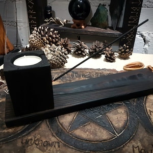 Incense & Candle Holder, Made of Solid Wood, Charred Black and Hand Carved with the Viking Helm of Awe. Heathen Decor Pagan Gifts image 2