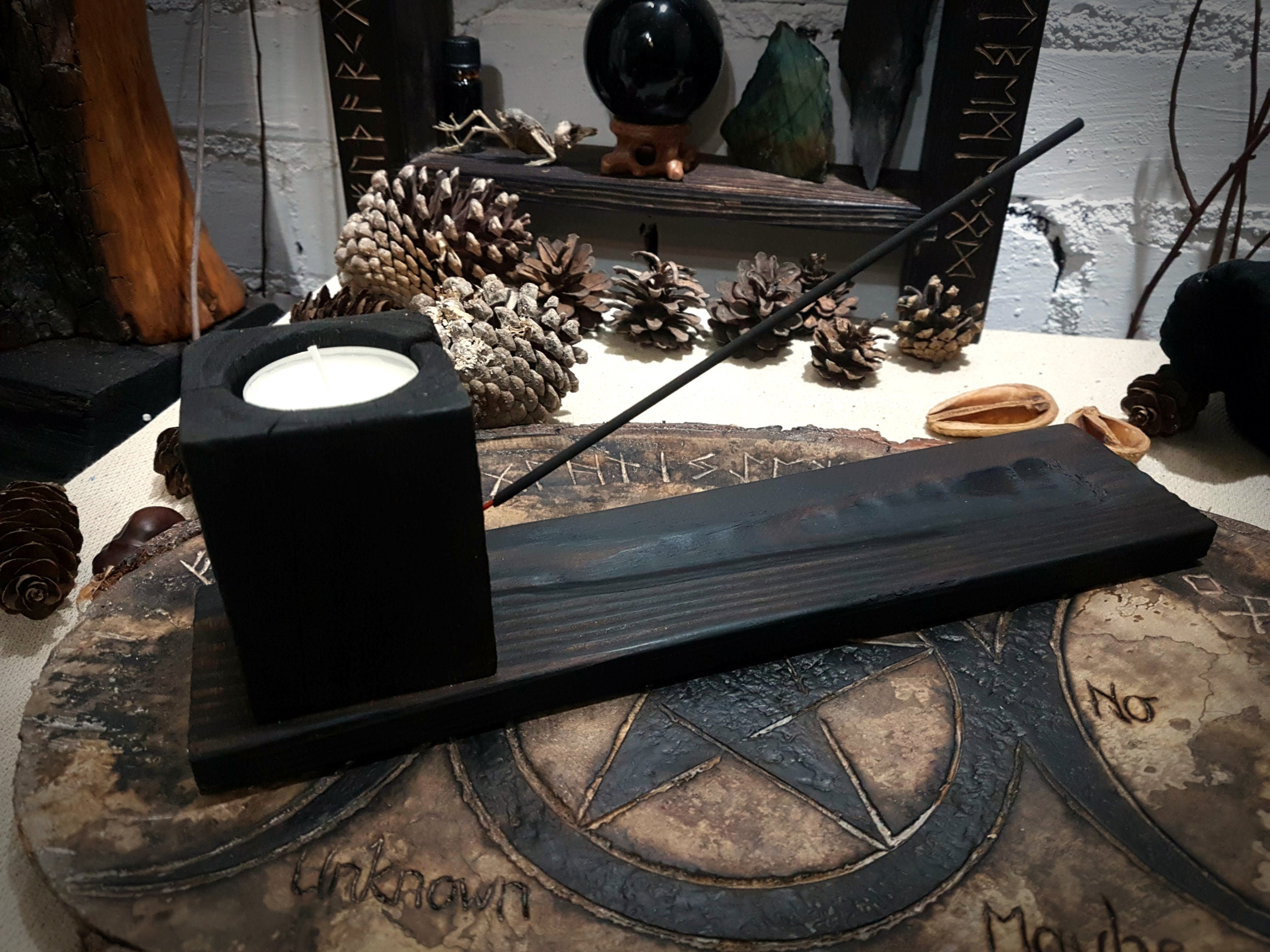 Incense & Candle Holder Made of Solid Wood Charred Black and Etsy
