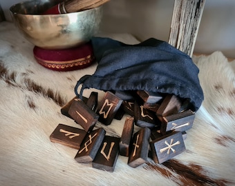 Anglo Saxon/ Northumbrian Rune Set. 33 Authentic, Handcrafted Runes in Charred Black Birch Wood.