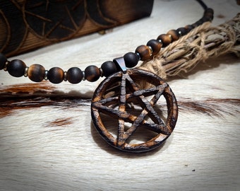 Pentagram Necklace - Hand Carved Solid Aged Oak Pendant. Witches Talisman. Pagan / Wicca Jewellery