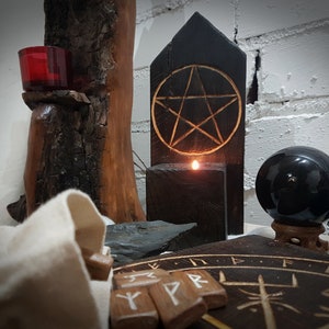 Wooden Pentagram Tea Light Candle Holder / Altar Piece | Shrine |  Free Standing, Wall Mounted. Pagan Decor | Witches | Wicca | Goth