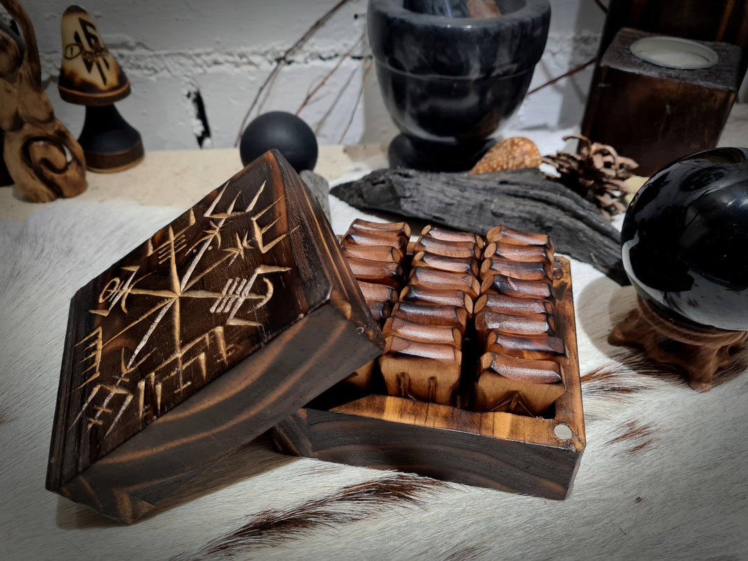 Oak Wood Elder Futhark Rune Set in Pine Wood Box With Carved Vegvisir ...